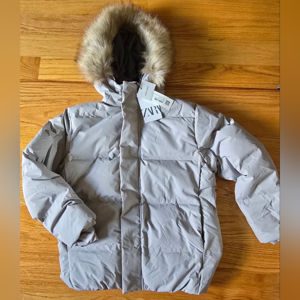 Zara Kids Gray Puffer Jacket with Faux Fur Hood